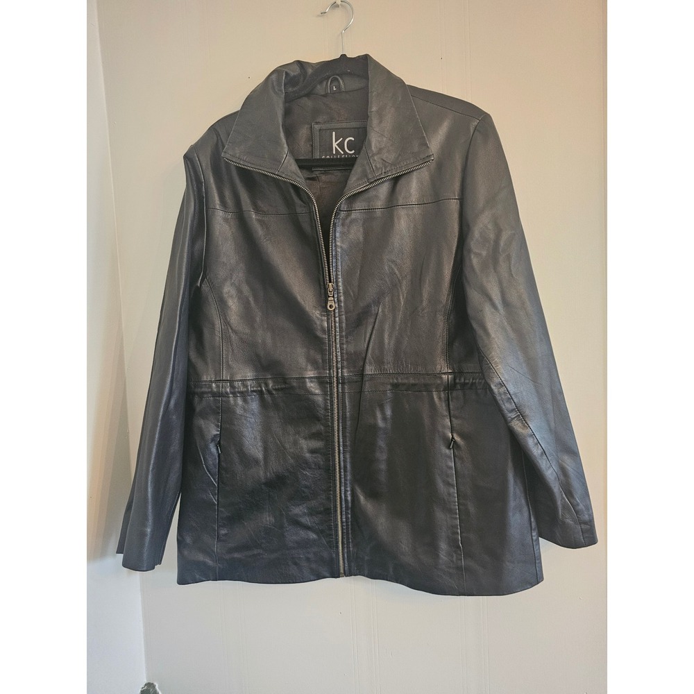 Vintage 90s Black Leather‎ Zip Up Jacket Women Large Cinched Waist Minimalist
